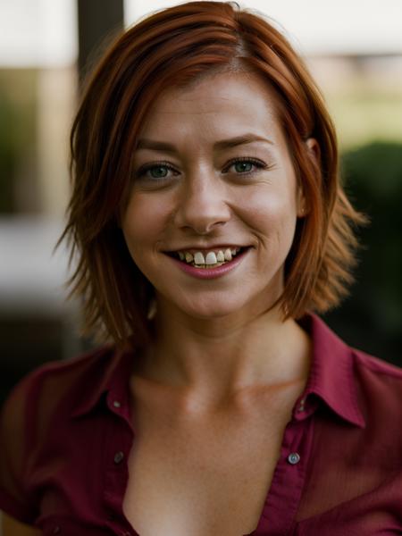 A beautiful 4lys0nh, 1girl,solo,looking at viewer,smile,short hair,red hair,shirt,brown eyes,teeth,grin,arms behind back,realistic,horror (theme), soft lighting, professional Photography, Photorealistic, detailed, RAW, analog, sharp focus, 8k, HD, high quality, masterpiece<lora:4lys0nh:1.0>