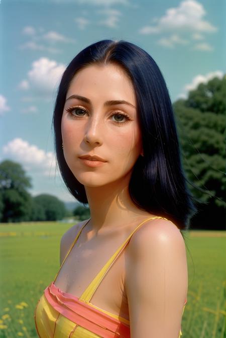 RAW photo, Cher, wide shot photo of 21 y.o woman walking alone at night, long haircut, pale skin, slim body, ((full body)), background is grassy meadow, (high detailed skin:1.2), 8k uhd, dslr, soft lighting, high quality, film grain, Fujifilm XT3, hyper-realistic, dystopia, ( by Agnes Cecile:0.2) , ( by Zdzislaw Beksinski:0.2 ),( by Peter Max:0.2 ), <hypernet:sxzBloom_sxzBloom:0.2>, <lora:cher70s_v10:0.8>, <lora:lomodiffusionLora300_lomodiffusionLora300:0.5>, <lora:analogdiffusion_Lora300:1>