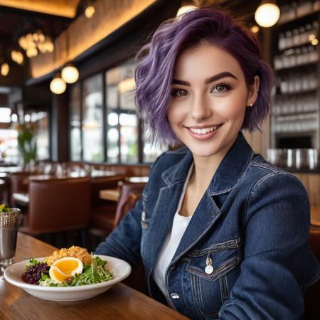 Realistic, very high quality RAW photography, intricate and exquisite details and textures, highly detailed and ultra detailed photography, warm lighting, 4k, ((black and white)), high resolution, detailed skin, detailed eyes, woman, purple hair, short hair, black eyes, in a restaurant, sitting, eating, healthy food, wearing jeans, a blue blouse and an unbuttoned navy blue jacket, makeup, smiling, people in the restaurant, thumb up