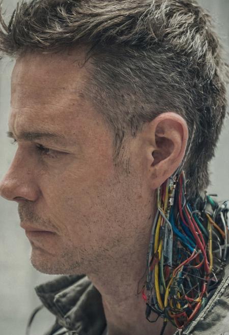 Side view portait of a man half human and mecanical,  cables like veins, multicolor,
Wide range of colors., Dramatic,Dynamic,Cinematic,Sharp details
Insane quality. Insane resolution. Insane details. Masterpiece. 32k resolution.
