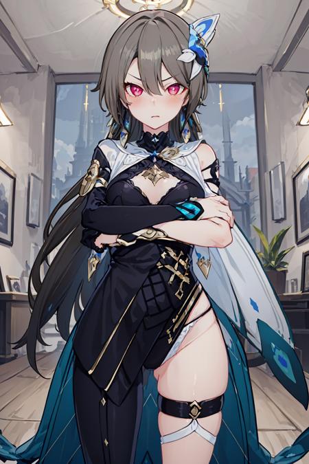 ultra high res,masterpiece,best quality,
1girl,vita,hair ornament,earrings,long hair,<lora:Vita-[H]:0.6>,asymmetrical legwear,thigh strap,asymmetrical sleeves,single glove,multicolored dress,shawl,very long hem,panties,blush,angry,cowboy shot,
indoors,crossed arms,