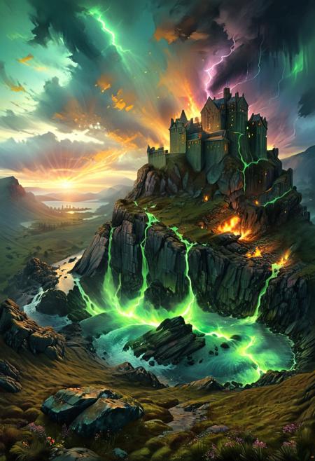 (by Ellen Jewett:1.5), (Bioluminescent Impressionism, Scottish highland  landscape, Flow in the Name of fire* *Channel_42* *中* *Broadcasting* *Artificially_Atypically_Autistically* *Magnetic**Synesthesia* *lightning*, The Dreamland, green earth, heather, sky sunset, sunrise ,waterfall, great castle on a crag, Crag, highland mountains, ethereal landscapes, depth of field, biotech emotion:1.3) <lora:xl_more_art-full_v1:0.5> <lora:add-detail-xl:1> <lora:RMSDXL_Creative:2>*Channel_42* ral-wlfnte, PEAnimeBG, scenery