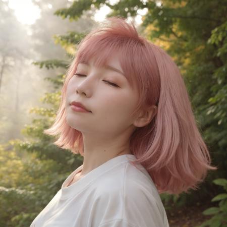 a close-up facial image of mio, drenched with pink hair,(head in frame),standing in a forest during autumn. She is ((looking straight up at the sky,eyes closed, sideview)), (small smile), a serene expression on her face as she enjoys the experience. Leaves are falling gently around her, creating a picturesque scene. She is dressed in casual, comfortable autumn clothing. In the background, the forest is depicted with tall trees, and light rain is falling, adding a touch of freshness to the atmosphere. Sunlight is shining through the trees, casting a beautiful, soft glow. The overall mood of the image is peaceful and magical, capturing the essence of a tranquil autumn day in the forest, raytracing, sunrays, (chromatic abberation, film grain:0.5), (looking at viewer), blurry background,(35mm, F/2.8) Photo Focus, DOF, Aperture, insanely detailed and intricate, character, hypermaximalist, hyper realistic, super detailed, diffused light:0.3, hazy:0.4 <lora:mio:0.7>
