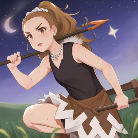 Zazzalil, full body, "sleeveless brown dress", bare arms, forehead, v eyebrows, <lora:Zazzalil-04:1>, holding spear, field, night, squatting, sweat