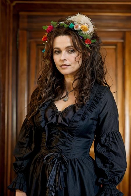 <lora:Helena_Bonham_Carter:1> 1woman, solo, mature hb1873c, , brown_hair, wavy hair, messy hair, day of the dead costume ,  stream , day