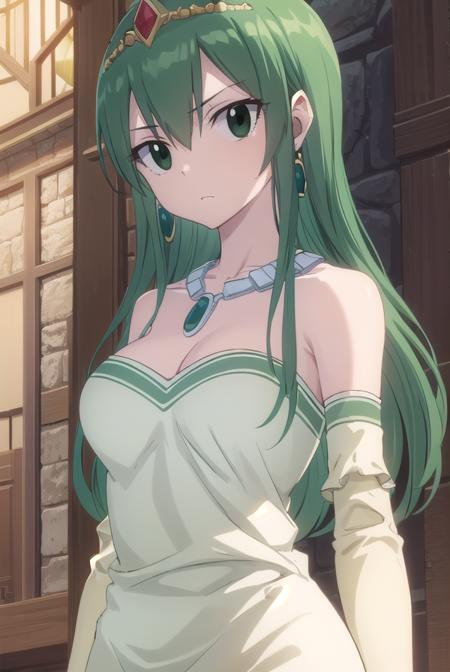 hisui, long hair, (green eyes:1.5), green hair, hair between eyes, dress, cleavage, bare shoulders, jewelry, earrings, necklace, tiara, crown,