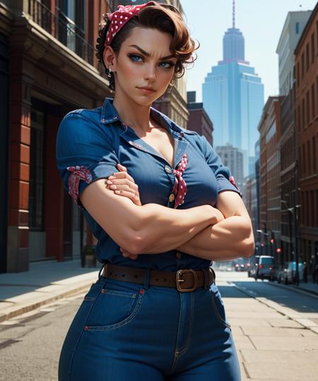 RosieRiveter,  short_hair, brown_hair, curly_hair, pompadour, blue_eyes, makeup, polka dot bandana,  RosieJumpsuit, blue_jumpsuit, sleeves rolled up, black_belt,  RosieLeotard, blue_leotard, shirt_collar, open-collar, cleavage, buttons, sleeves rolled up, red_belt, no_bra, 