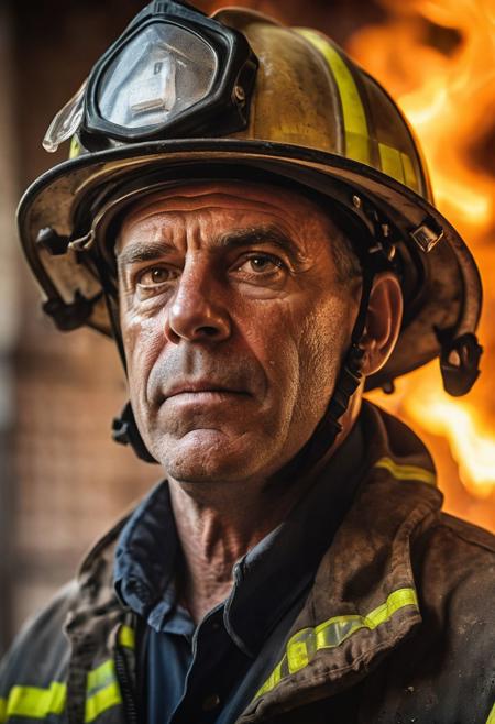 photo portrait of a veteran firefighter, looking at viewer, staring at the camera, (indoor, inside a burning building:1.1),  (looking at the viewer,staring at viewer,looking at the camera, intently staring at the camera:1.4), heavy focused stared, backlit, fire balls in the air, amber in the air, ash and grit, emotional