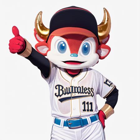 buffalo_bull, solo, male focus, 1boy, mascot, gloves, horns, baseball cap, blue eyes, baseball uniform, clothes writing, furry male, full body, open mouth, pointing, belt