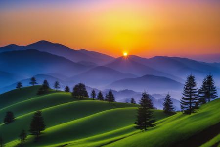 <lora:chahualiu:0.9>, chahua, spring landscape, sunrise, hills, fir trees, no humans, scenery, silhouette