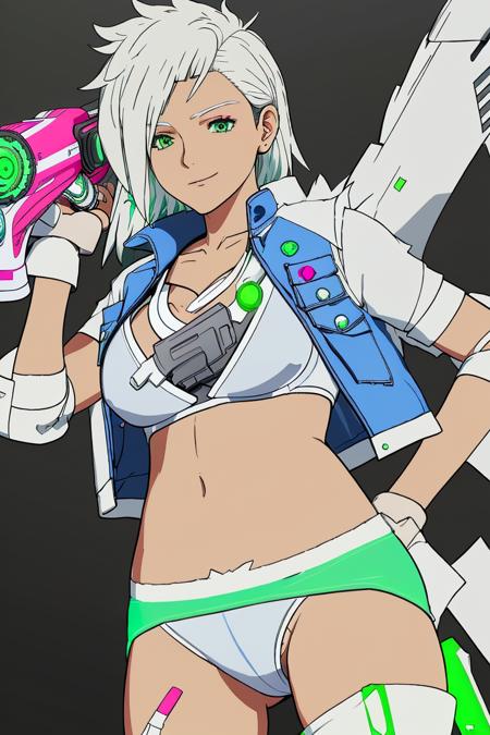 white hair, green hair tips, art, 4k, HDR,  full body, 8k,  pink prosthetic left leg, detailed eyes, (black background:1.2), keep pink gun on hand, blue jacket, (white panties:1.6), (white bra:1.5)