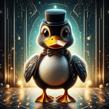 digital painting of a modern edge cute duck entirely made of retro sophistication texture, whimsical and magical atmosphere, soft lighting, highly detailed and stylized, concept art for a vintage charm-themed universe