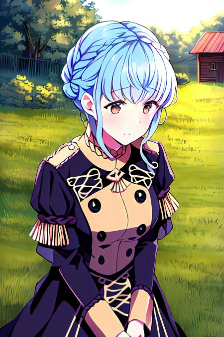 (masterpiece:1.1), (best quality:1.1), marianne_von_edmund, 1girl, solo, short hair, breasts,  light blue hair, outside, brown eyes, <lora:MarianneVonEdmund:1>, still from official media anime, 4K masterpiece!!, 8k resolution!!!, trending on pixiv fanbox!, stunning detail!!!!!!!!!!!!, professional lighting, outside barn, uniform, garreg mach monastery, uniform, braided hair