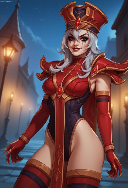 sallywhitemane, red eyes, grey hair, long hair, mascara, hat, leotard, elbow gloves, shoulder armor, pauldrons, red thighhighs, pelvic curtain