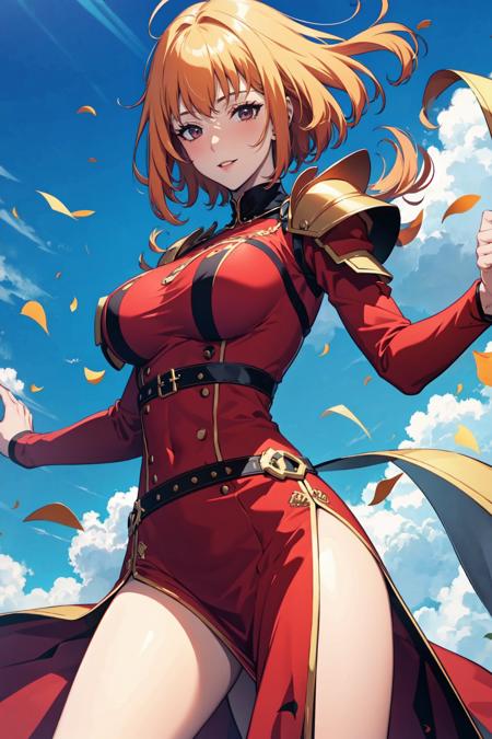 chae, 1girl, solo, looking at viewer, full, red dress, red costume, short hair, blonde hair, black eyes, upper body, parted lips, sky, artist name, armor, blue sky, shoulder armor, epaulettes, masterpiece, anime, realistic, high quality, magic, smile, blush, mature woman, big breast, slim, <lora:chae:1>, tight dress,