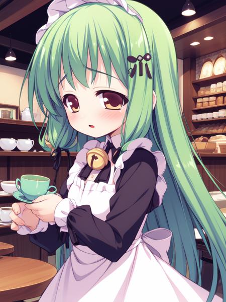 <lora:TachibanaYuzu:0.8>TachibanaYuzu, green hair, long hair, hair bell, hair ornament, ribbon,1boy, otoko no ko, soro, blush, 
Gothic Maid, cafe, tea,
masterpiece, high quality, very_high_resolution, large_filesize, full color,