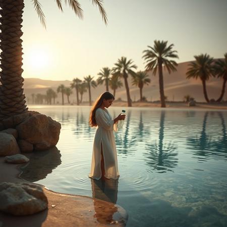 score_9, score_8_up, score_7_up, score_6_up, realistic photo, high quality, A oasis in the desert, crystal clear, reflective water, evening light, date palms, palm trees, 1girl filling her water flask from the oasis, diaphanous robes, petite