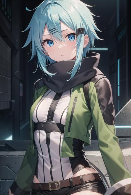 shinoasada, <lora:shinoasada-lora-nochekaiser:1>, 
sinon, blue eyes, blue hair, hair ornament, hair between eyes, hairclip, short hair, sidelocks, (small breast:1.2),
BREAK black footwear, black gloves, black shorts, boots, fingerless gloves, gloves, green jacket, green legwear, jacket, leotard, long sleeves, open clothes, open jacket, scarf, short shorts, shorts, thigh strap, white scarf,
BREAK looking at viewer,
BREAK outdoors,
BREAK <lyco:GoodHands-beta2:1>, (masterpiece:1.2), best quality, high resolution, unity 8k wallpaper, (illustration:0.8), (beautiful detailed eyes:1.6), extremely detailed face, perfect lighting, extremely detailed CG, (perfect hands, perfect anatomy),