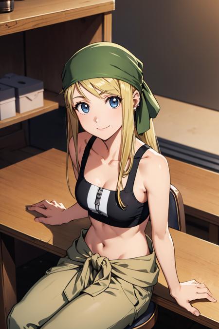winry rockbell earrings, red bandana, black tube top, strapless, midriff, clothes around waist, purple pants, brown gloves earrings, green bandana, black tube top, strapless, midriff, clothes around waist, beige pants, brown gloves ponytail, black and white striped sports bra, zipper, clothes around waist, beige pants, brown gloves
