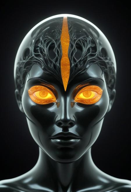 (Obsidian Jade Style,:2) Delirium style. The image is a digital artwork, rendered in a hyper-realistic CGI style, featuring a surreal and abstract depiction of a human head. The central figure is a stylized, almost robotic humanoid head with a glossy, dark, almost black surface that reflects and refracts light, giving it a sleek, metallic appearance. The head is split vertically, with the upper half forming a hollow, transparent, and reflective dome. Inside this dome, a stunning, glowing image of a tree with a fiery, orange-yellow aura is visible, creating a stark contrast to the dark outer surface. <lora:Bonafida.Studio:1>