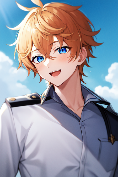 tartaglia,1boy,solo,male focus,orange hair,hair between eyes,blue eyes,open mouth,smile,focus upper body, looking right-up,shirt,(police uniform),blurry background,sky blue clothes,