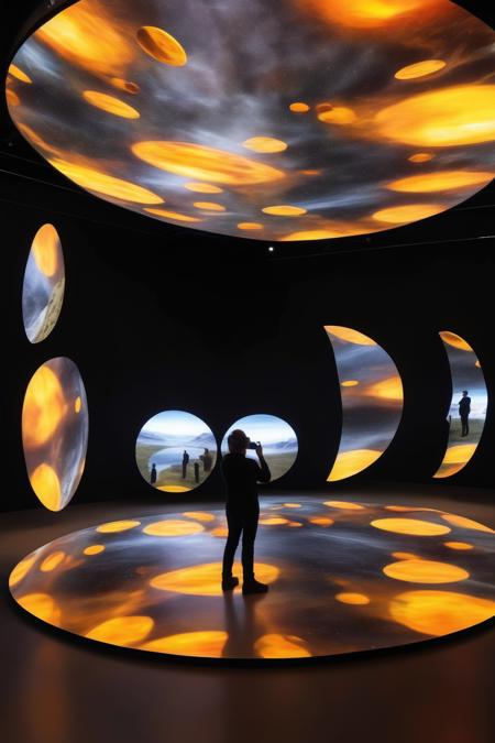 <lora:Olafur Eliasson Style:1>Olafur Eliasson Style - an immersive sculptural art installation that uses virtual reality for the audience to experience the overview effect, minimalistic olafur eliasson style