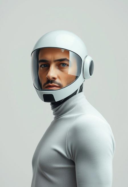 photo portrait of a man stands in front of camera, body slightly turned, looks into camera, high detailed, neutral background, with tiny details of a robot (android) but more as a human, with fully glass futuristic helmet, helmet if a form of a head but smoothed, realistic photo