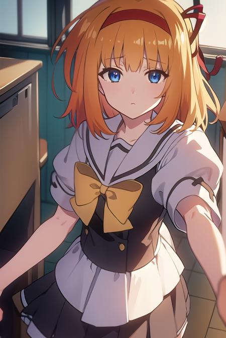 kaedefuyou, <lyco:kaedefuyou-LYCORIStest:1>,
kaede fuyou, short hair, orange hair, hair ribbon, hairband, blue eyes,
BREAK skirt, bow, ribbon, school uniform, short sleeves, pleated skirt, serafuku, socks, puffy sleeves, bowtie, puffy short sleeves, black socks, yellow bow, yellow bowtie,
BREAK looking at viewer,
BREAK indoors, classroom, 
BREAK <lora:GoodHands-vanilla:1>, (masterpiece:1.2), best quality, high resolution, unity 8k wallpaper, (illustration:0.8), (beautiful detailed eyes:1.6), extremely detailed face, perfect lighting, extremely detailed CG, (perfect hands, perfect anatomy),