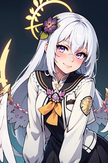  zzAzusa, purple eyes, white hair, long hair, halo, hair ornament black sailor collar, white jacket, black dress 