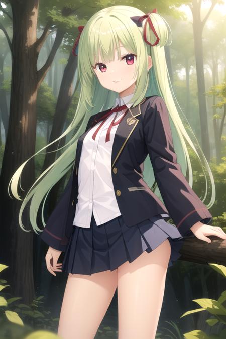 Murasame very long hair,green hair,two side up,blue bow,hair bow,sidelocks,blunt bangs,red eyes neck ribbon,red ribbon,blue jacket,wing collar,open jacket,white shirt,long sleeves,button,small breasts,blue skirt,pleated skirt,frilled skirt,black socks,white footwear