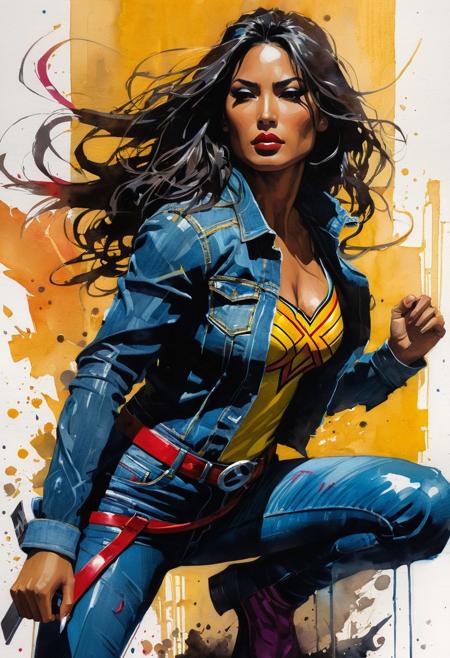 Detailed Gouache, Insanely detailed cinematic action scene :: latina superhero wearing a colorful denim costume :: style of Marc Silvestri & Guy Denning