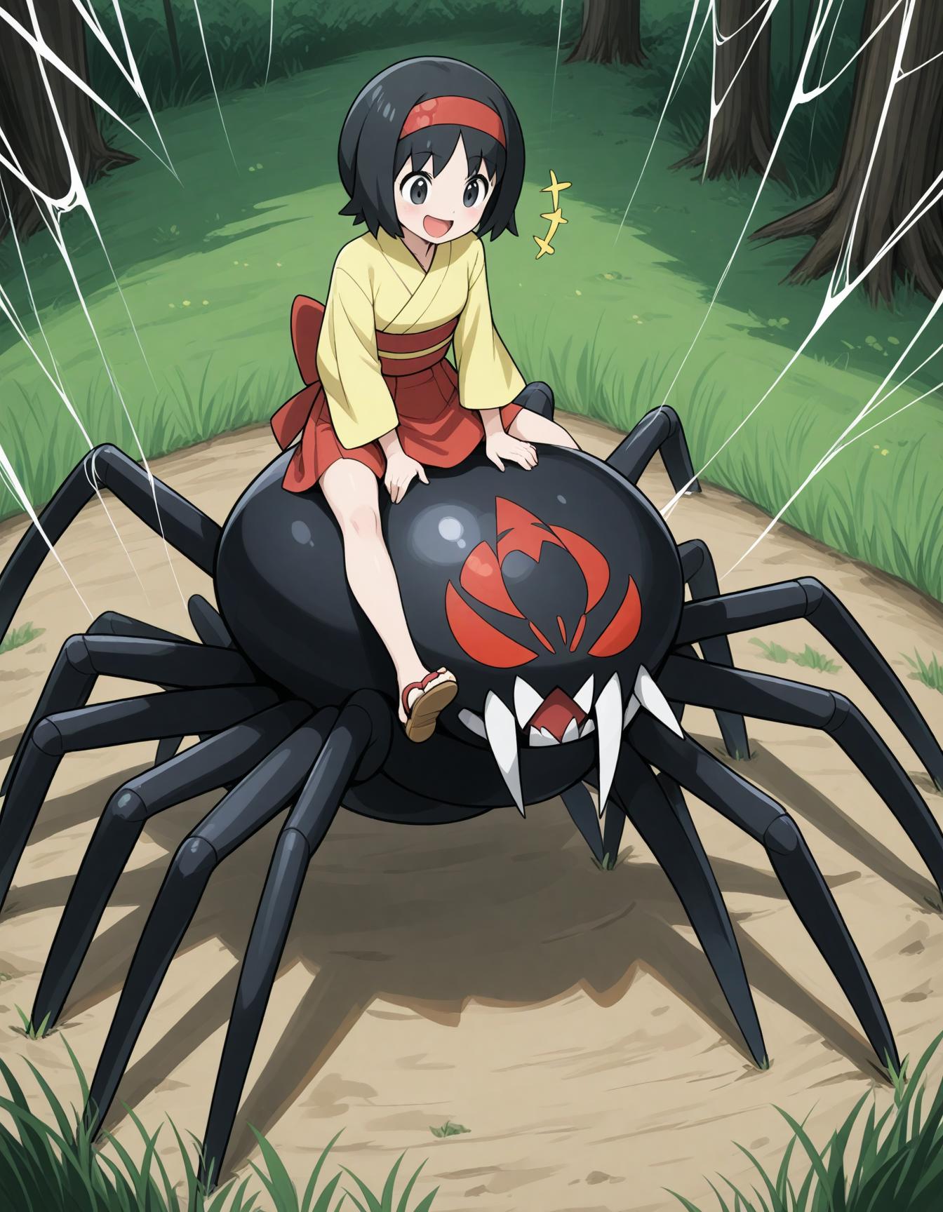 <lora:Hyper8:0.5> 1 giant spider, 1girl, smile, riding on spider, sitting on spider, (laughing, happy:1.1)
<lora:Spider_only_illu:0.65>
erika \(pokemon\), pokemon, black hair, black eyes, red hairband, yellow shirt, red skirt, kimono, outdoors, spider web, grass, masterpiece, best quality, amazing quality, very aesthetic, absurdres