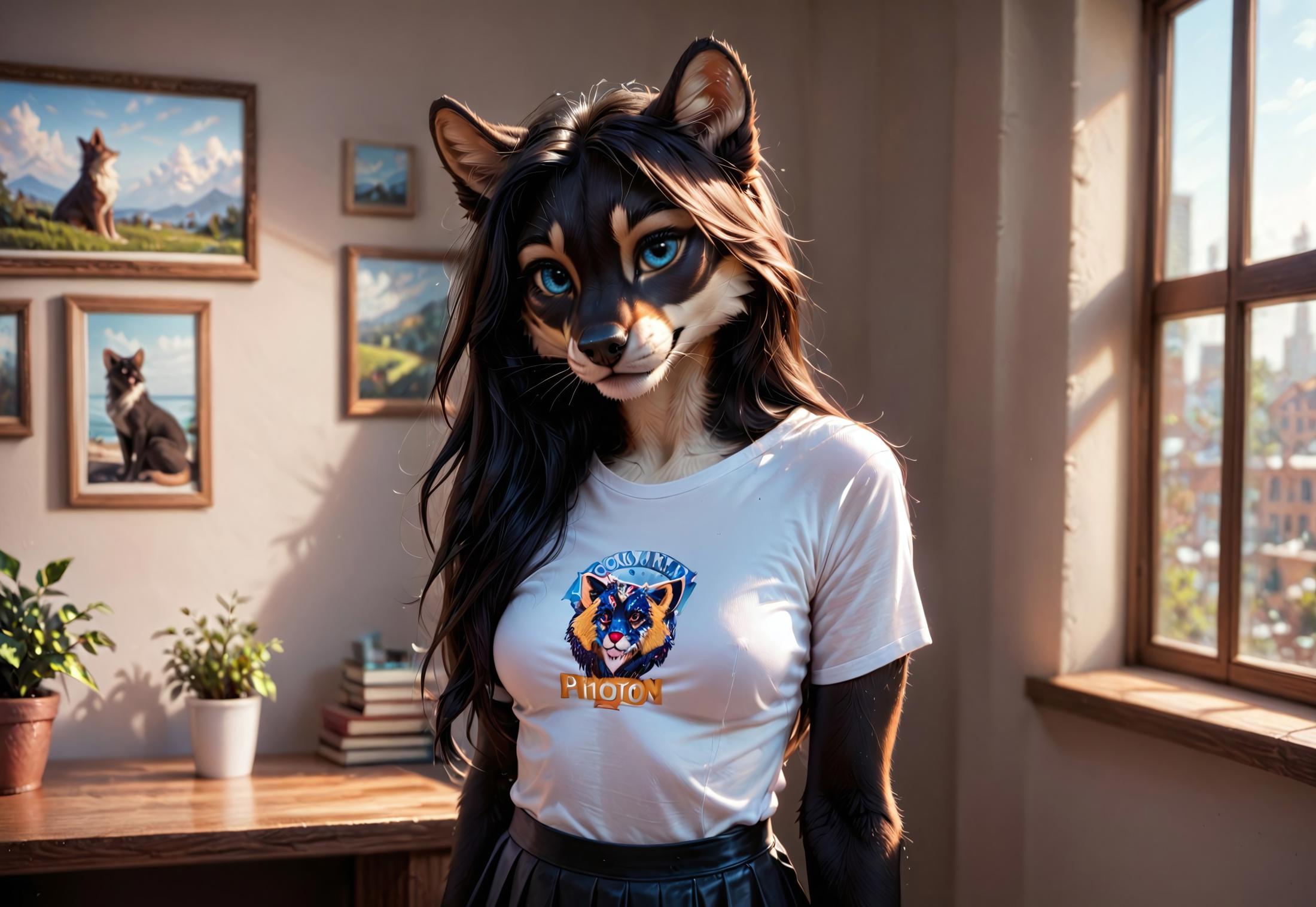 score_9, score_8_up, score_7_up, score_6_up, photorealistic, epiCPhotoGasm-colorfulPhoto, Realistic, highres, super high resolution, 8k,  photo,  furry, black fur, , Furry, long hair, black hair, black fur, anthro, fur,  female, T-shirt black, furry, skirt, black skirt, tights, thin body, opened eyes, very detailed,  detailed fur, tail, realistic,  realistic, detailed, detailed fur, furry, anthro