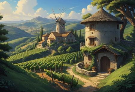 hyperrealistic art  a wanderer between worlds in flowing clothes, (epic landscape:1.5),  (style Ghibli drawing), (style Ghibli painting),best quality, masterpiece, extremely detailed,  professional  art,  professional painting, an extremely delicate and beautiful, dynamic,  great lighting, perfect shading, professional shading, depth of field,   side soft light, elegant, gorgeous, highly detailed,   full shot, uncropped,   pure genious, absolutely perfect,  highly detailed, breathtaking,
Vineyard on steep slate slopes, woodpecker cavity in trunk, horizontal windmill blades,miller adjusting sails , extremely high-resolution details, photographic, realism pushed to extreme, fine texture, incredibly lifelike, Cybernetic flora illustration style, blends plant life with cybernetic elements, dynamic and futuristic composition, professional-grade execution, captures the beauty of bio-mechanical fusion, evokes a sense of innovation and natural harmony