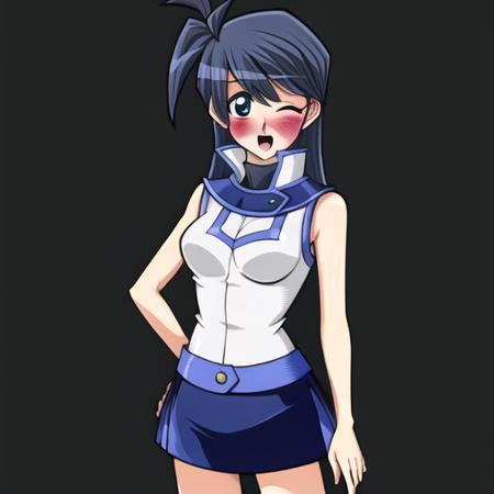 1 girl,large breast,dark blue hair,dark blue eyes, white shirt,blue skirt,blue belt,sleeveless,