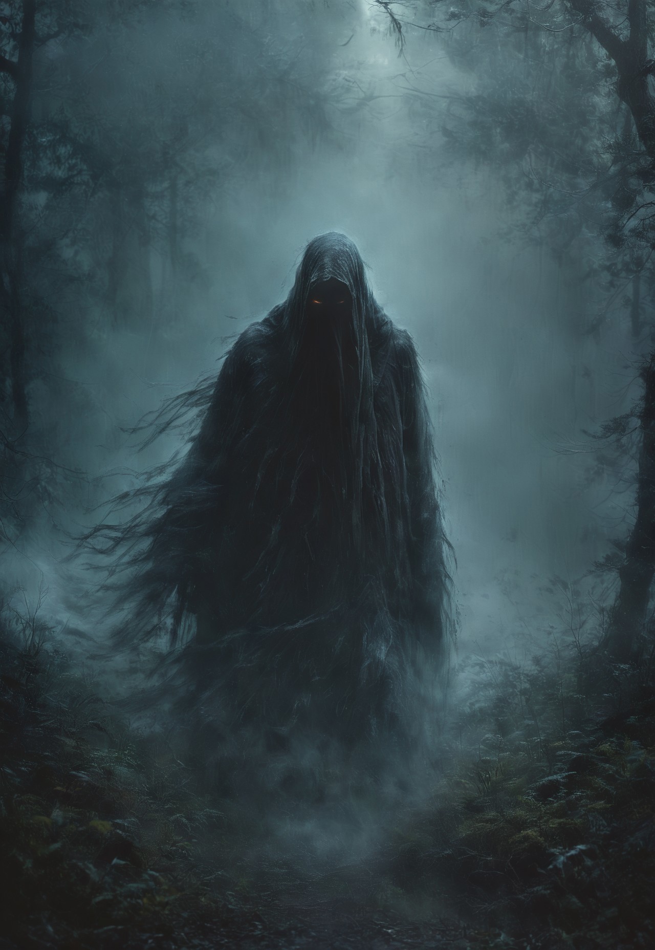 dark closeup of a scary dementor in a dark forest, fog, rain, no face, face not visible, shot at night, extreme detailed, majestic, hdr, realistic, dark lighting, desaturated, dramatic lighting, desaturated background, bokeh, dark theme, soothing tones, depth of field, dramatic backlighting, film grain, Surreal Harmony