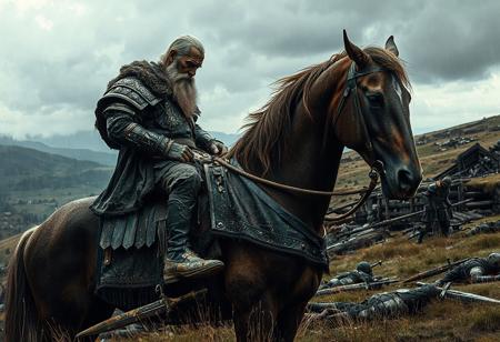 Old warrior sitting on massive horse, large old man, muddy, scarred, dented armor, sad horse, mist, , weary head down in weariness and sadness, tired after great battle, last man alive, amor, beard, silhouette, raining, hill, after a great battle, debris of battle strewn around the hill, sweeping background landscape, storm clouds in the distance, muted colours, grassland, foot hills, eldritch landscape, armor, heavy swords, dead bodies, blood in the mud, fantasy art, medieval