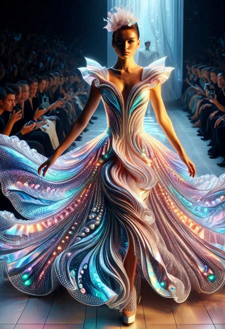 best quality, masterpiece, high resolution, intricate detailed,
beautiful photo of a Avant-garde Fashion - Model walking fashion catwalk, wearing sculptural Pearlum dress, folded dress, swirling dress, patterns, extravagant style,
iridescent,  translucent. 
LED, colorful LED lights, 
rays of light, natural light, full body,