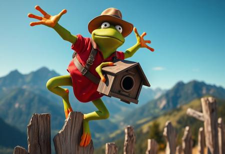 A high-resolution photographic image capturing a muscular warrior Frog, perched precariously on a weathered wooden fence. He is in a dynamic, playful star-like pose with arms and legs fully extended. Kermit wears a vibrant red shirt and a brown hat. In his hands, he holds a detailed brown birdhouse, poised as if about to release a bird into the wild. The background is a picturesque mountain landscape under a clear blue sky, emphasizing the outdoor setting. The scene conveys a moment of whimsy and adventure, characteristic of Kermit. Achieved with Octane Render and Unreal Engine 5 for stunning realism. Features: 4K, Exceptional Quality, More Detail, Lifelike Details, Super Detailed Face and Eyes and Clothes, Handcrafted with Precision, High Quality, Sharp Lines, Stunning Colors, Harmonious Colors, Multi Colored, Contemporary Aesthetics, Impeccable Composition, Creative Angle, Attractive Background, Balanced Editing, Intentional Focus, Well-timed Moment, Captivating Lighting, Beautiful Detailed Eyes, CGSociety, Artstation Trending on ArtstationHQ, trending on artstation, 8k.