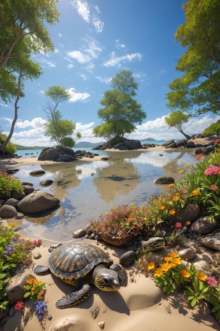 a turtle basks in the sunshine on a rock strewn sandy beach as the tide washes gently on the shoreline.  Exotic trees and colourful foliage and wildflowers back onto the beach. clear blue skies with wispy cirrus cloud  