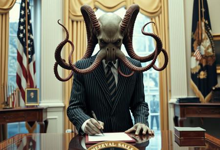 president cthulu in a sharp pin striped suit posing for presidential portrait in the oval office, real photograph, signing bill, ominous evil
