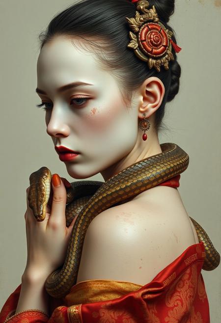 close up shot, side view, Beautiful girl, snakes, japanese, white pale skin, oriental damask ornaments, in the style of restrained palette, distressed materials, realistic color schemes, hieratic visionary, figura serpentinata, nicola samori, bold yet graceful , alexander McQueen fashion costume style, oil painting style