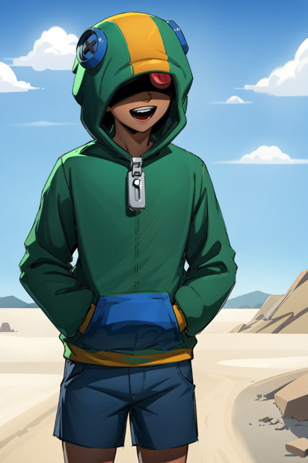leonBS, solo, male focus, dark skin, shaded face, no eyes visible, hood, green hoodie, zipper, blue shorts, barefoot