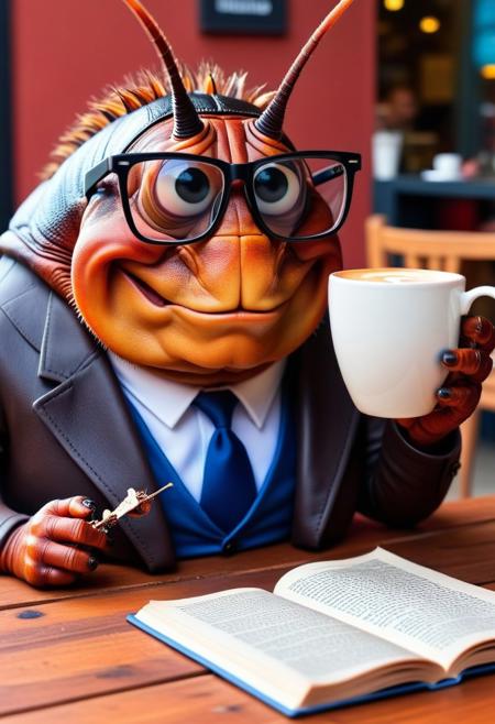 FLUX.1 cinematic style, a stylish and dapper cockroach wearing eyeglasses while reading a book and sipping coffee in a cafe, instagram photo,