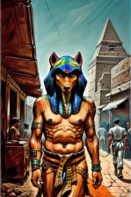 portrait of a human with animal head, egyptian god, walking in the street <lora:vor_enki.v2.lora:0.75>
few touch of vivid colors