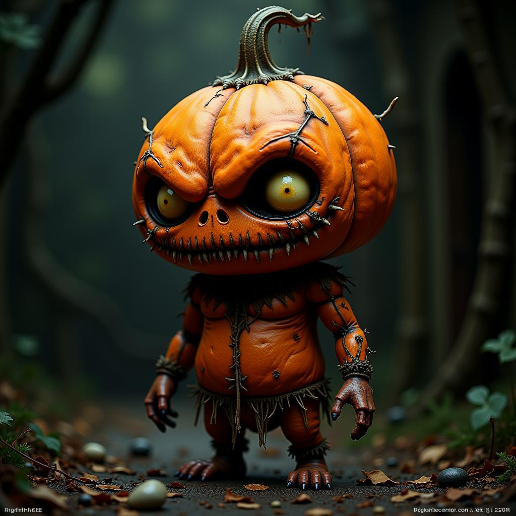 Pumpkin-head, a cute nightmare creature.

Dark, atmospheric, moody, rustic.

frghtnghtCE style