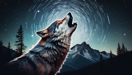 surreal double exposure portrait of a beautiful howling wolve in dark mountain forest scenery against star trail starry night, by Dave White, Conrad Roset, Brandon Kidwell, Andreas Lie, Dan Mountford, Agnes Cecile, triadic colours, thick opaque strokes, accurate depth of field, hyper detailed, whimsical, dynamic, dreamy masterwork