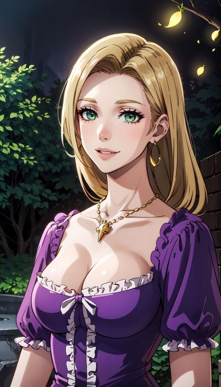 purple dress blonde hair green eyes gold necklace earrings