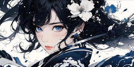 (masterpiece:1.2), best quality,PIXIV, Chinese ink painting,ink wash painting, 
weapon, solo, 1girl, sword, black hair, looking at viewer, blue flower, eyelashes, blue eyes, flower, bangs, portrait, covered face, katana, close-up, floating hair, white background, hair between eyes, petals, hair flower, simple background, black gloves, light particles, gloves
 <lora:Chinese ink painting_20230725110925-000018:0.9>