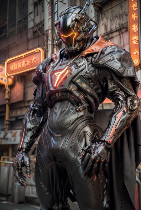 (night time:1.3), (Hongkong neon lighting:1.5), dark theme, dark clouds, thunder and lightning, realistic, complex 3d render ultra detailed, mecha, cyborg, best quality, masterpiece, ultra high res, cowboy shot, (photorealistic:1.4), raw photo, official art, absurdres, vague, Atmospheric, evil, tank, dynamic angle,upper body. ((Armed with both hands)), red glowing, cyberhelmet, tech lights on the body, Majestic pose, mechanical arms, science fiction, no humans, cyberpunk feeling, (Wearing a tattered cloak), (floting in sky :1.3),  smoke of gunpowder, war, neon lights, RAW photo, 8k uhd, dslr, daylight, high quality, film grain, Fujifilm XT3    <lora:cyberhelmetv0.7:0.8> <lora:Niji:0.8>